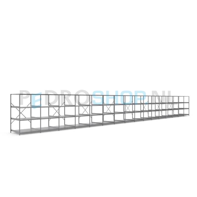 Metalen stellingkast: 180cm (h) x 100cm (d) x 1613.2cm (l)