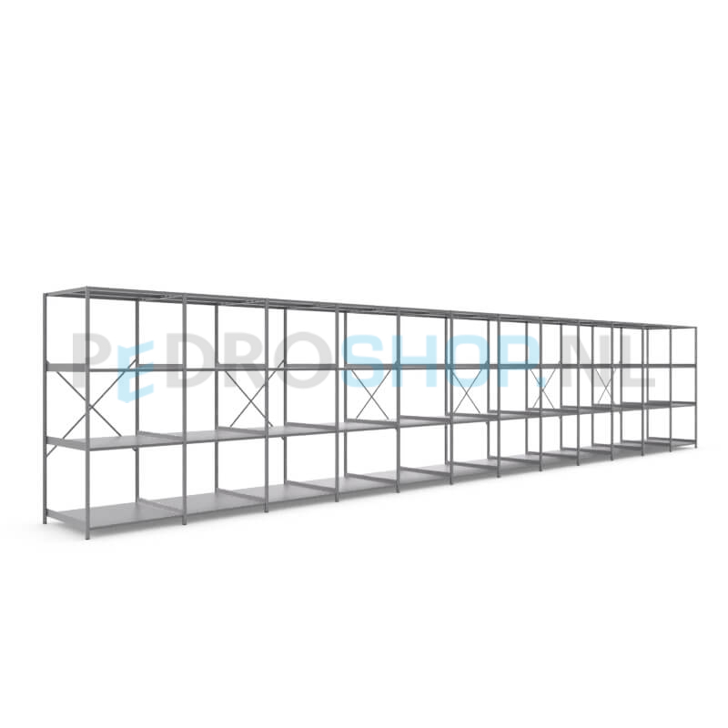 Metalen stellingkast: 230cm (h) x 100cm (d) x 1210.8cm (l)