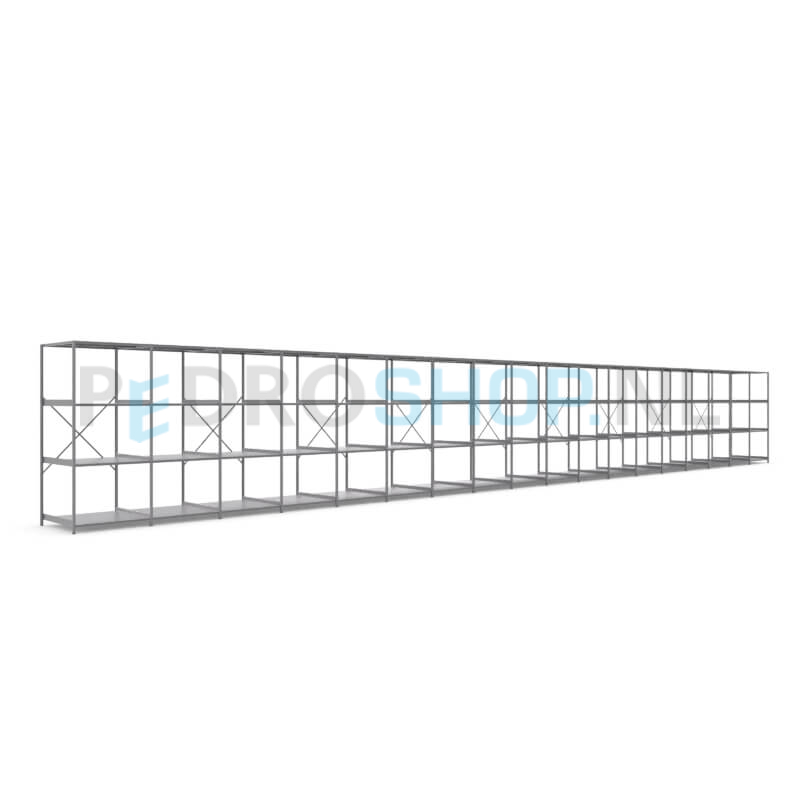 Metalen stellingkast: 230cm (h) x 100cm (d) x 1814.4cm (l)