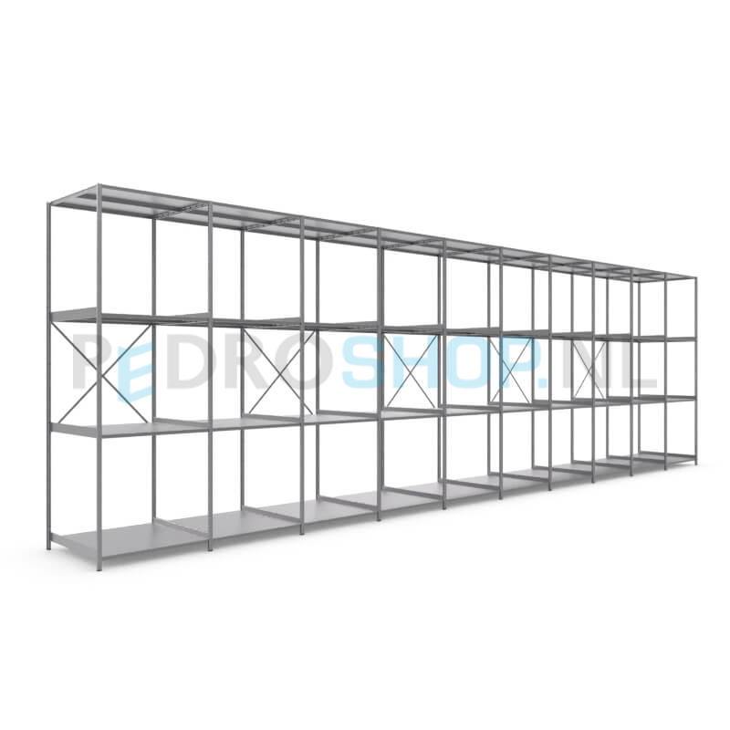 Metalen stellingkast: 300cm (h) x 100cm (d) x 1009.6cm (l)