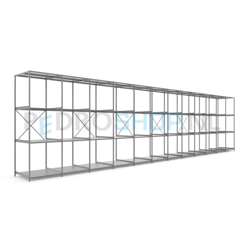 Metalen stellingkast: 300cm (h) x 100cm (d) x 1210.8cm (l)