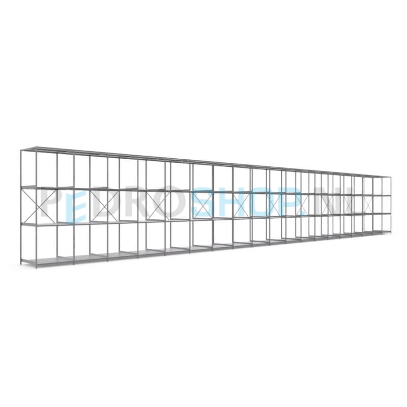 Metalen stellingkast: 300cm (h) x 100cm (d) x 1915cm (l)