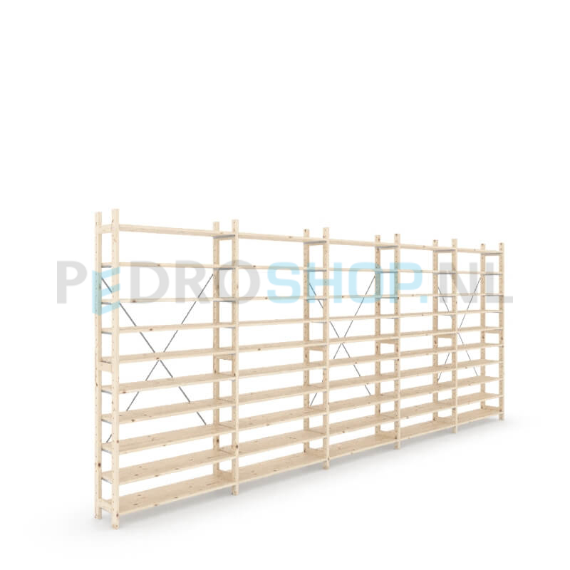 Houten stellingkast Easyrek: 210cm (h) x 30cm (d) x 503cm (l)