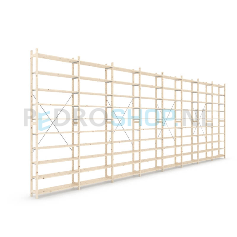 Houten stellingkast Easyrek: 300cm (h) x 30cm (d) x 803cm (l)