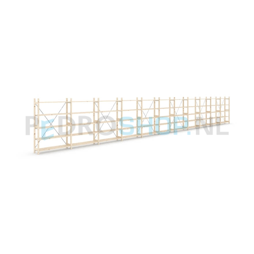 Houten stellingkast Easyrack: 150cm (h) x 30cm (d) x 1103cm (l)