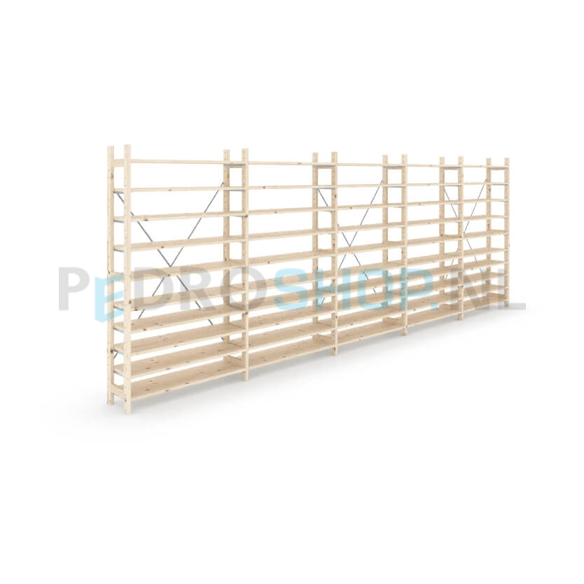 Houten stellingkast Easyrek: 180cm (h) x 30cm (d) x 503cm (l)