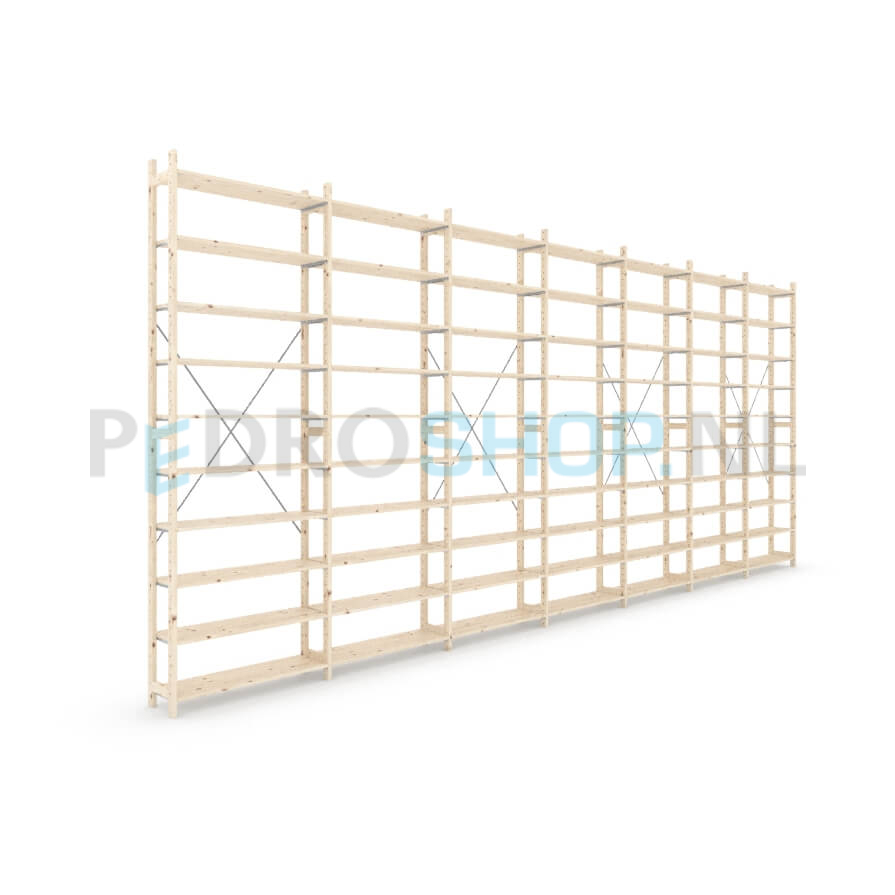 Houten stellingkast Easyrek: 300cm (h) x 30cm (d) x 703cm (l)